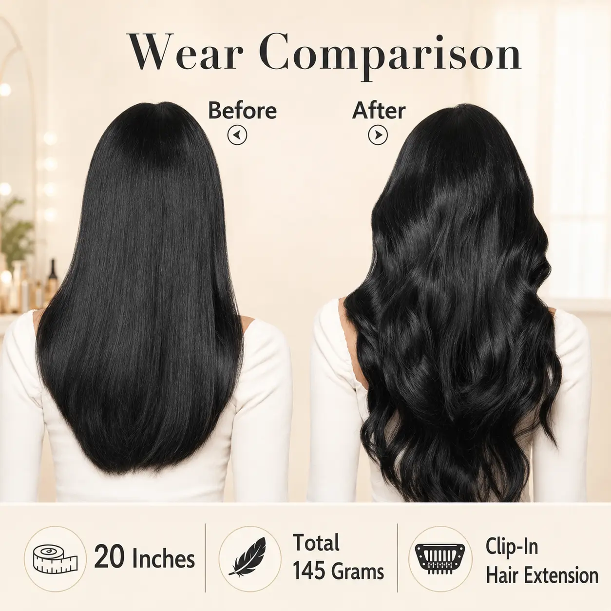 20 Inch Clip-On Hair Extensions for Women, 7-Piece Wavy Heat-Resistant Synthetic Fiber Wefts for Natural Volume and Daily Wear, 20 Inch Hair