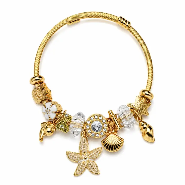 Tone Gold Twisted Open Bangle Dual Color Ocean Charm Bracelet Black Clear Crystal Dolphin Starfish Shell Floral Bead Women Beach Vacation Jewelry Gift