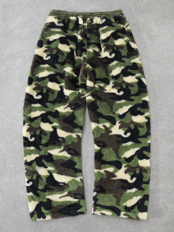 Unisex Leopard Camo Fleece Wide Leg Pants, Soft Rabbit Fur Fabric, Fall & Winter Warm Comfort, Street Hip Hop Style, Daily Wear