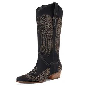 LOCERICH Womens Knee High Boots Cowboy Cowgirl Tall Western Boots Pull On Square Toe Low Chunky Heel Retro Dress Ladies Comfortable Embroidered Boot