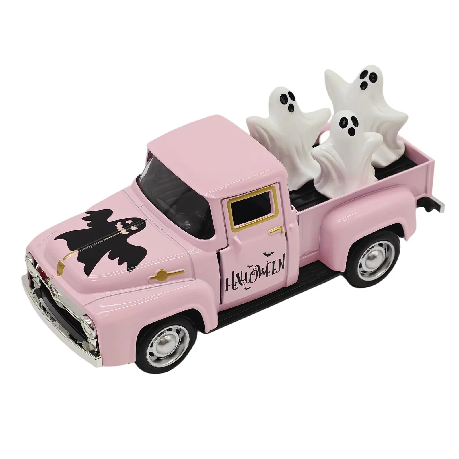 6in Metal Pink Farmhouse Halloween Truck Set with 3 Removable 1in Mini Ghost Ornaments - Cute Mini Home Decor, Gift for Tabletop, Tiered Tray