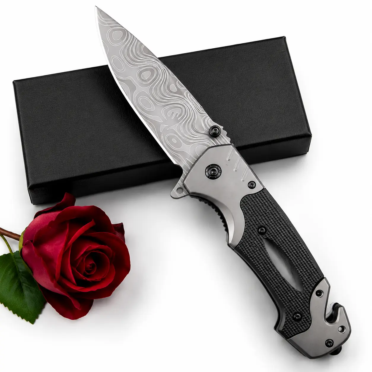 [Complimentary Maintenance Kit Included] Damascus-Pattern Folding EDC Multi-Functional Knife with Glass Breaker & Seatbelt Cutter, Non-Slip Nylon Fiber Handle, Versatile Tactical Outdoor Survival Pocket Tool, Portable Camping Gear & EDC Gift for Men, Men'
