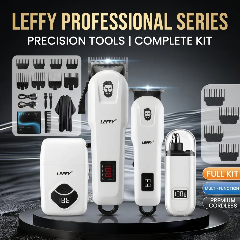 LEFFY 1/2/4 piece set of men's electric shavers, 4-in-1 cordless hair clipper and detail trimmer, nose hair trimmer, mini electric shaver, digital display low-noise hair tool, complete set of accessories, luxury men's grooming gif