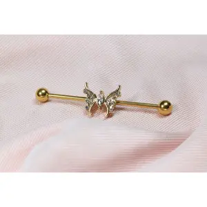 14G Gold Butterfly Industrial Barbell – Dainty CZ Butterfly Industrial Piercing, 35mm Cartilage Scaffold Barbell Body Jewelry