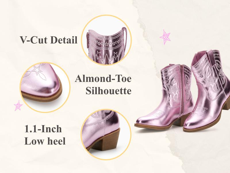 PATPAT Girls Cowgirl Boots,Embroidered Pointed Toe Cowboy Boots with Side Zipper Western Riding Shoes for Little Kid/Big Kid