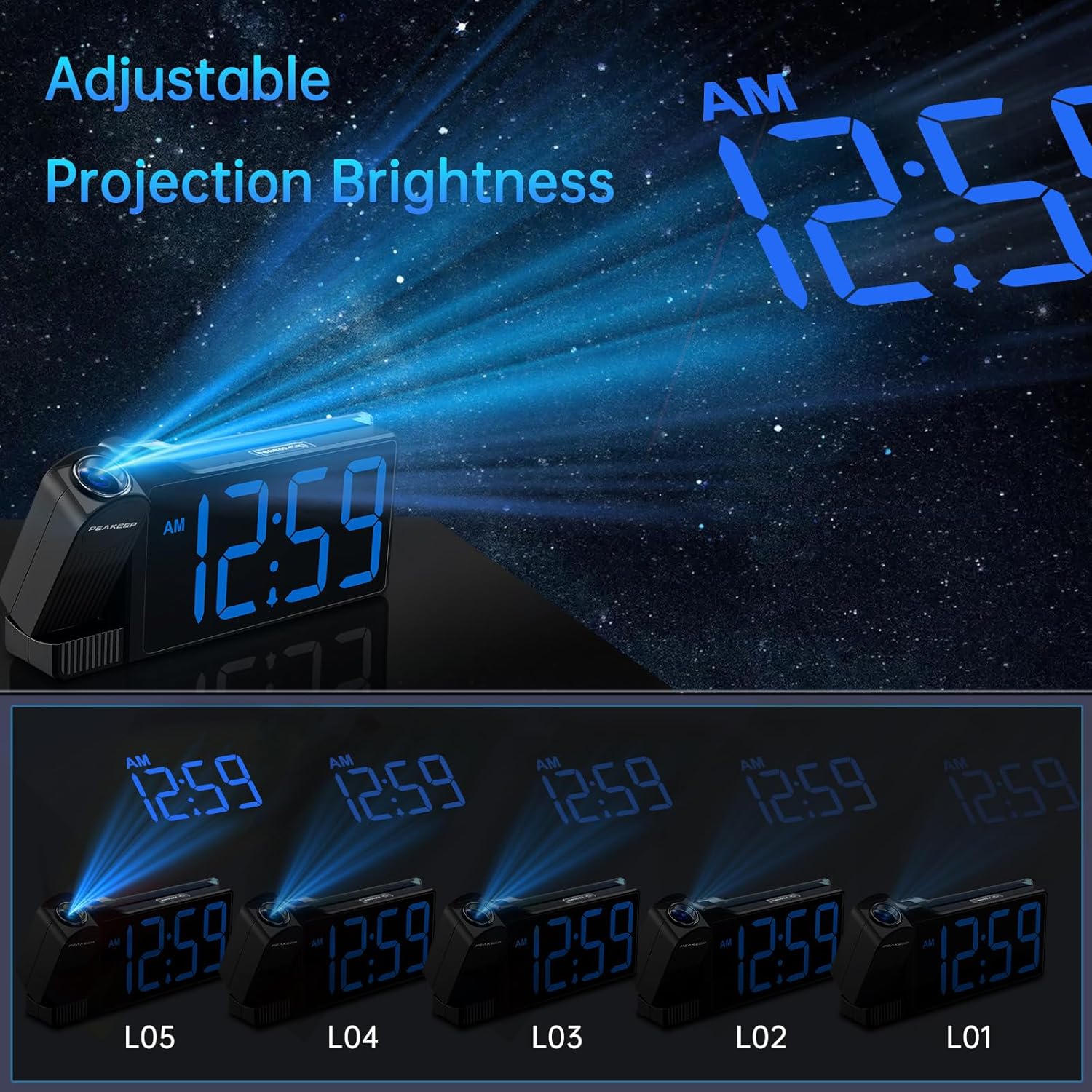 SUNDAY MIRTH Projection Clock for Bedroom Ceiling - Super Loud, Color Changing Nightlight, Digital Clock with USB Port, Plug-In Bedside Electric Clock