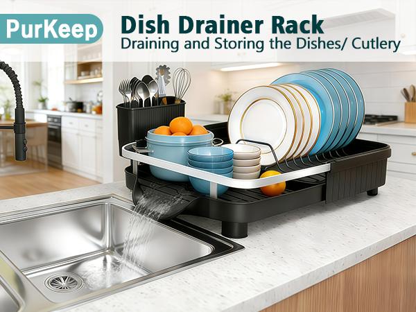 Expandable Over Sink Dish Drying Rack, Adjustable Kitchen Counter Organizer for Plates, Bowls, Cups & Utensils with Automatic Drainage Spout