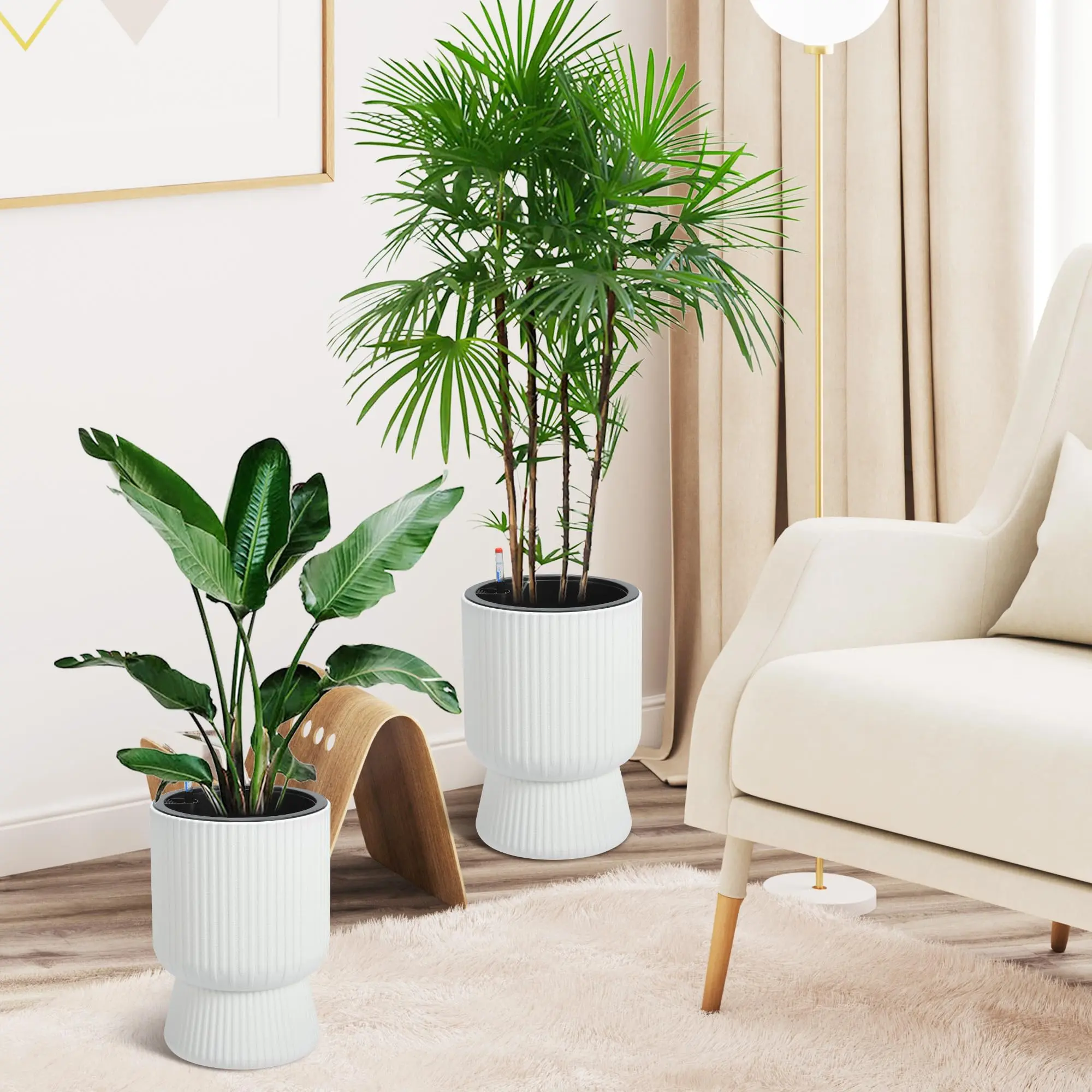 Garvee 14 in Self-Watering Garden Flower Pots (Set of 2, White) - Planters with Drainage Holes, Water Level Monitor for Indoor Living Room, Home Office