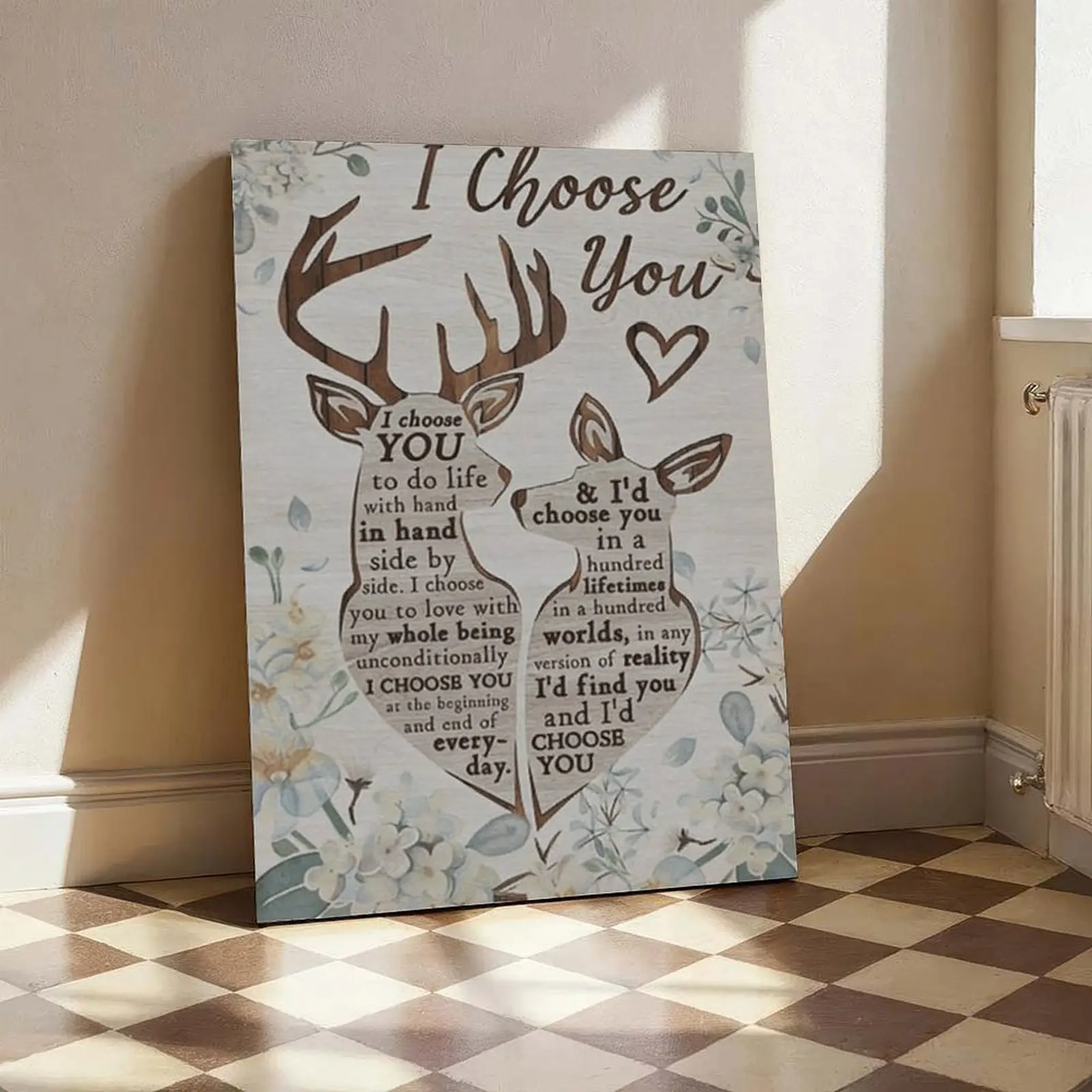 Couple Deer Pattern Canvas Print Wall Art - High-Quality Solid Wood Grain Framed Home Decor Products, Waterproof Valentine's Decor, "I Choose You" Gift for Significant Other, Suitable for Living Room, Valentines Decor
