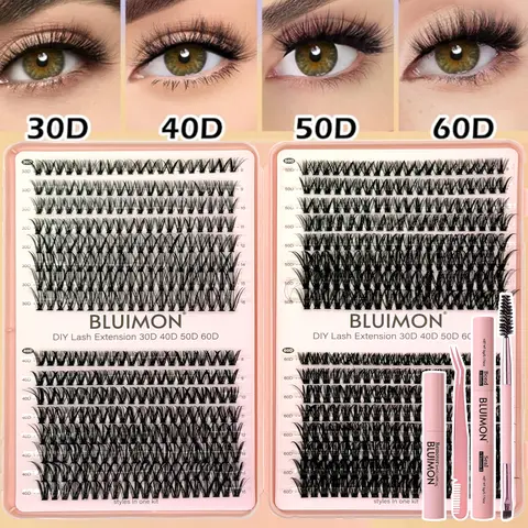 640pcs/1set Adult Bundle Lash Cluster Kit - 8-16mm D-Curl Fluffy Wispy Thin Band Individual Eyelash Extensions with Bond, Seal, Tweezers, Brush, Pouch - 30D+40D+50D+60D DIY Natural Cosmetic for Daily Working Short Cat Eye Makeup