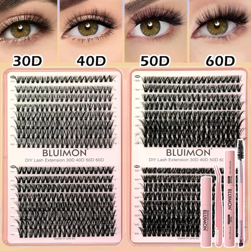 640pcs/1set Adult Bundle Lash Cluster Kit - 8-16mm D-Curl Fluffy Wispy Thin Band Individual Eyelash Extensions with Bond, Seal, Tweezers, Brush, Pouch - 30D+40D+50D+60D DIY Natural Cosmetic for Daily Working Short Cat Eye Makeup