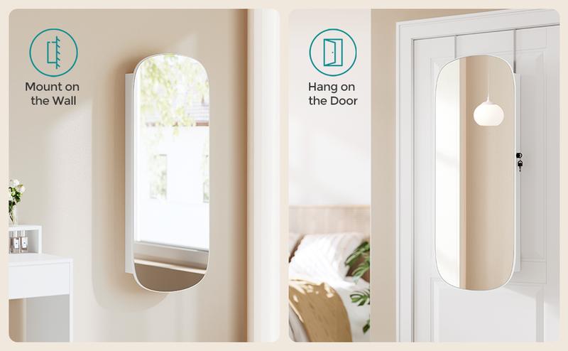 SONGMICS LED 360° Swivel Jewelry Cabinet Wall or Door Mounted, Lockable Rounded Wide Mirror with Storage, Interior Mirror Decor Design Furniture