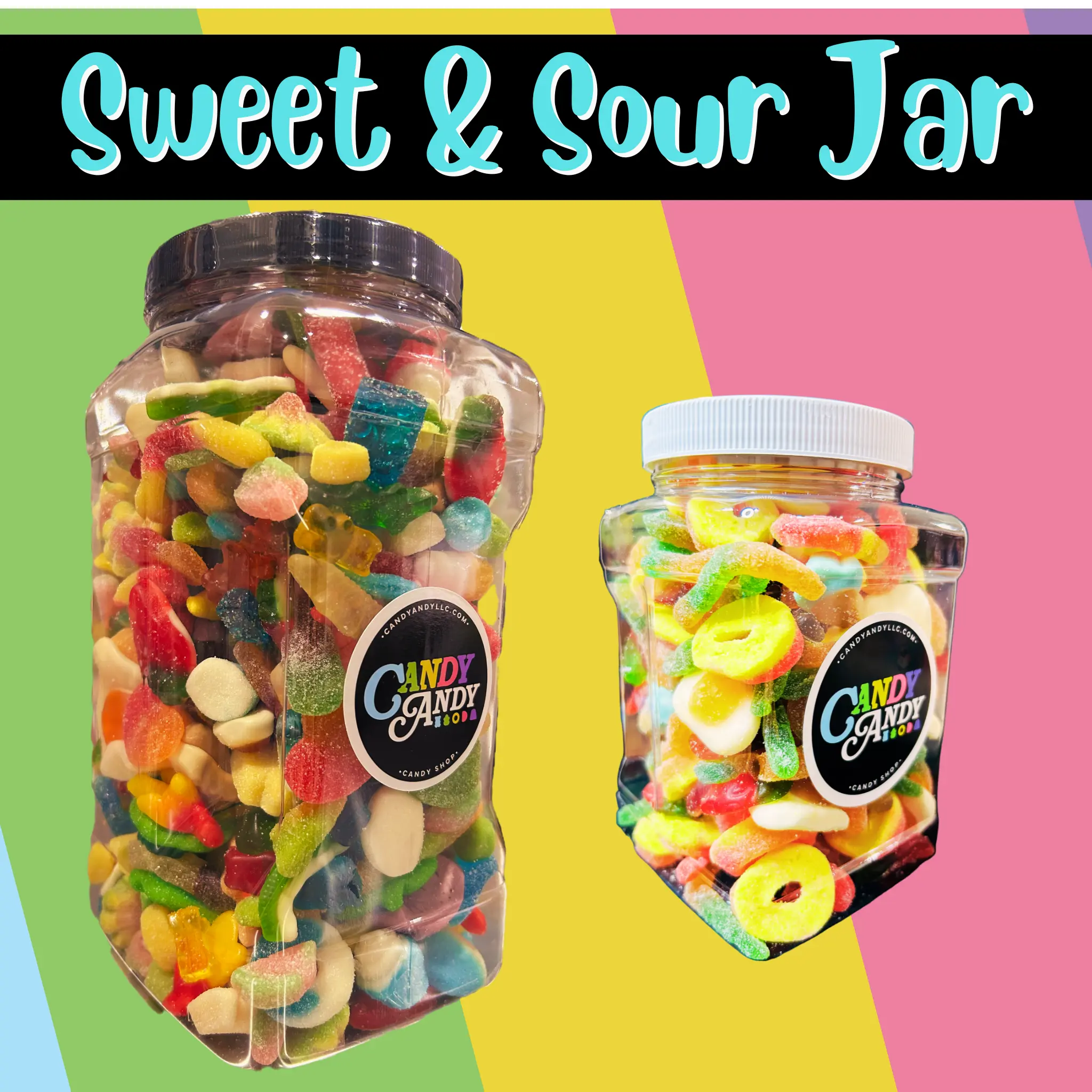 Sweet & Sour Jar - Assorted Gummy Mix - Sweet/Sour Candy Snack - Refillable Jar - animals, rings. bottles, drops, gummy bears and much more!