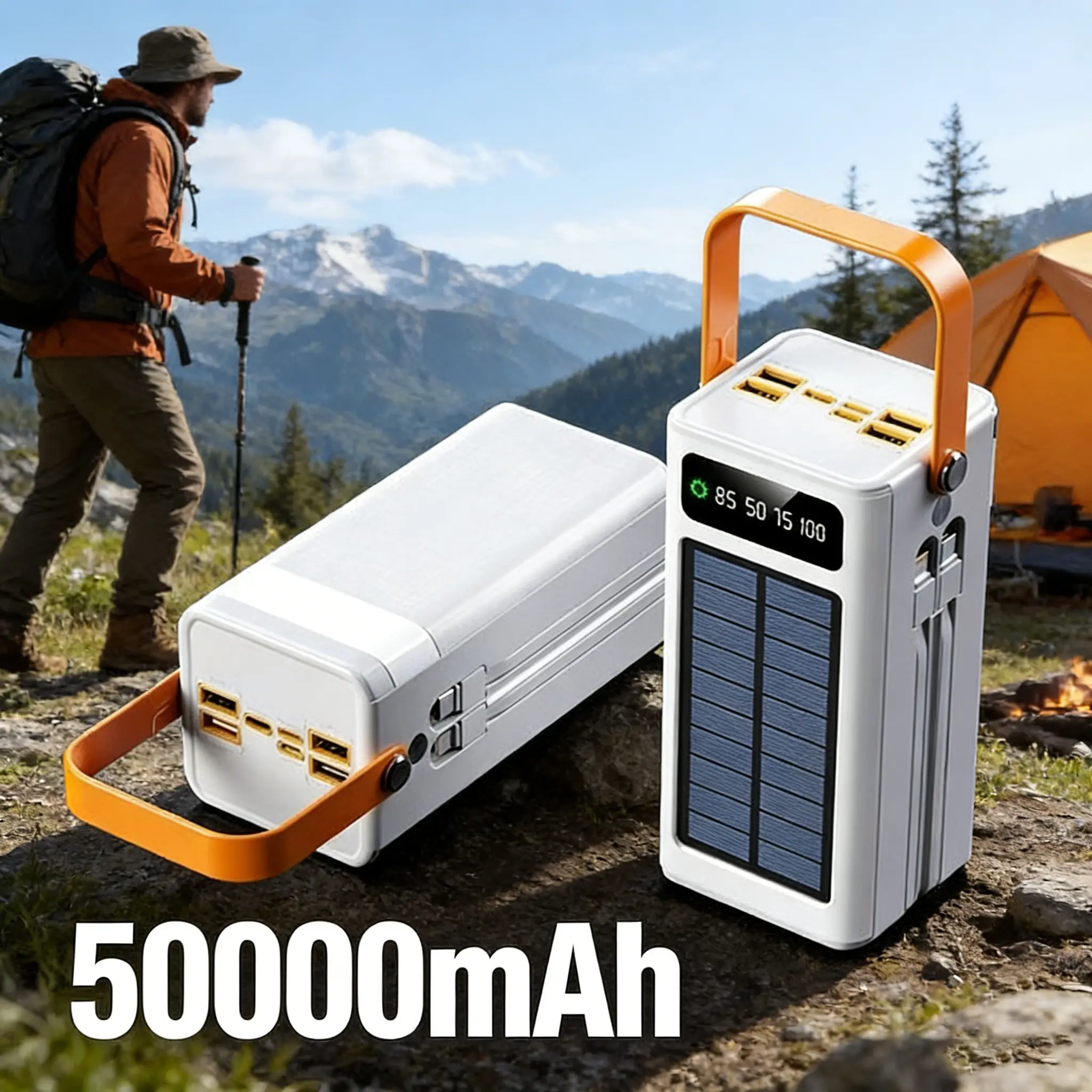 50000mAh Portable Solar Power Bank | PD22.5W Fast Charging with 2 Detachable Charging Cables, Multi Output Ports, LED Power Display, Flashlight & Lanyard, Charges 7 Devices At Once, Outdoor Camping Power Charger Compatible with iPhone Samsung iPad