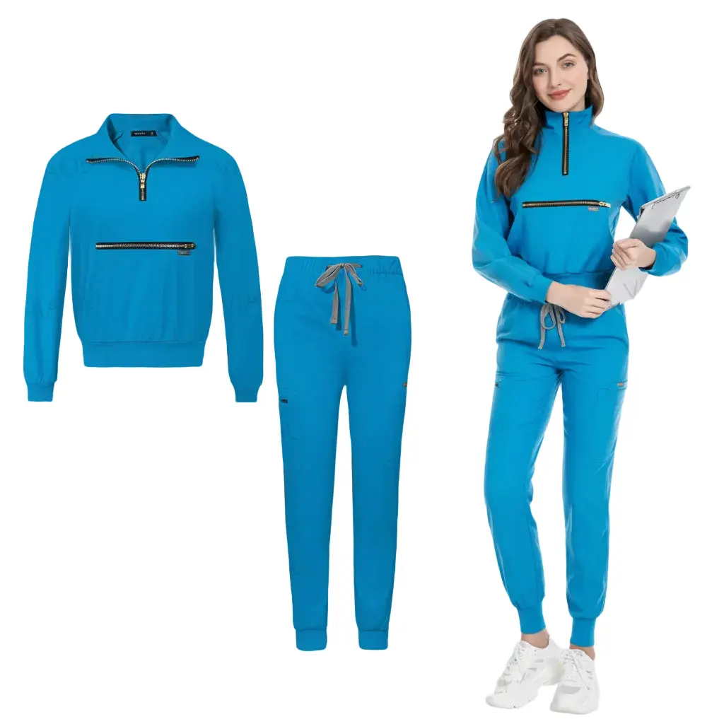 Women's 2-Piece Workwear Scrubs Set - Long Sleeve Stand Collar Spandex Fabric Medical Jacket Tops & Pants with Pockets, Nurse Hospital Uniform Clothes, Breathable, Women's Clothes, Polyester Blend, Scrubs Sets For Women, Navy Blue