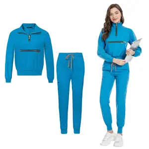 Women's 2-Piece VIAOLI Scrubs Set - Long Sleeve Spandex Tops, Pocketed Pants, Breathable Hospital Medical Surgical Workwear, All-Season Nurse Uniforms, Navy Blue Women's Clothes