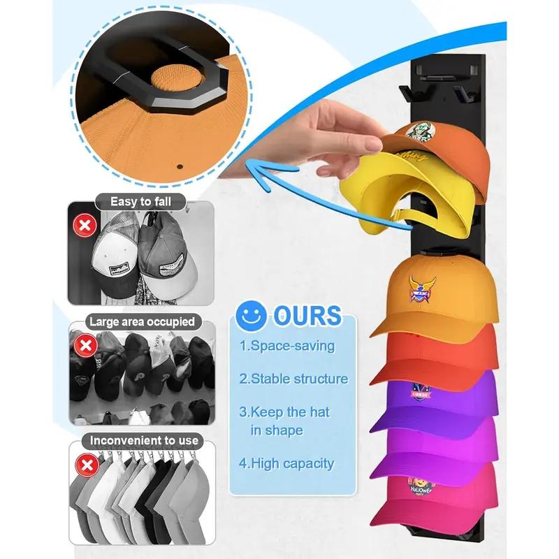 2 Pack Hat Organizer  Wall Mounted Baseball Cap Rack Black or White Adhesive Mount Stable Structure Holds 18 Hats for Closet Door & Bedroom Easy Access Display Hanger