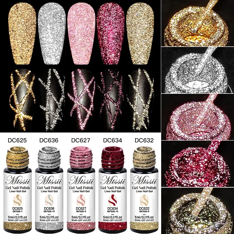 MTSSII 5pcs Reflective Glitter Liner Gel Nail Polish Set, Gel Polish Sets, Diy Manicure, Champagne Golden Glow-in-Dark Sparkling French Line Nail Gel, Semi Permanent UV Light Gel with 2-in-1 Ultra-Fine Brush Tips, Soak Off UV Gel