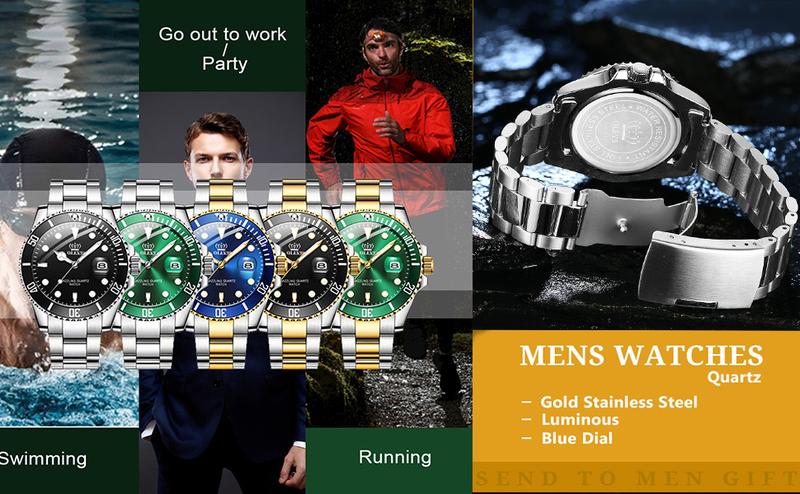 OLEVS Men's Luxury Dress Watch Blue Dial 40mm Stainless Steel Band Rotating Quartz Analog Waterproof Luminous Big Face Boss Wrist Watch Springtok