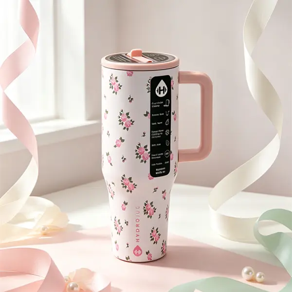 HydroJug Traveler 40oz Large Capacity Stainless Steel Tumbler, Pink Rose Print, Ergonomic Handle, BPA-Free, Cup Holder Friendly, Ideal for Sports, Travel, Commuting & Outdoor Activities