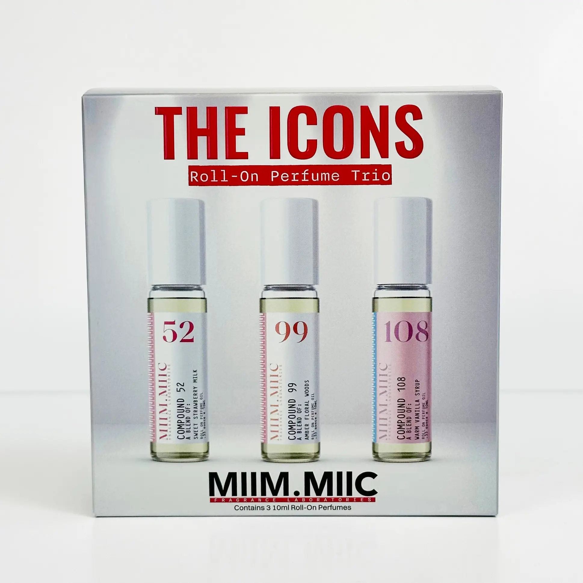 MIIMMIIC The Icons 3-Piece Roll-On Bundle Fragrance Set - Floral, Fruity, Multi-Refill Perfume Oils (Sweet Strawberry Milk, Amber Floral Woods, Warm Vanilla Syrup) Travel-Ready for Layering & Everyday Wear, Floral Scent, Bundle Fragrance Sets