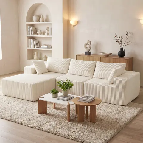 Sweetcrispy Corduroy L-Shape Chaise Modular Sectional Sofa - Modern Comfy Boneless Couch, 108" Family-Sized Deep Seat, 500 lbs Capacity, Washable Cover, Anti-Slip Base, No Assembly, Living Room Decor Furniture, Corduroy Sofa
