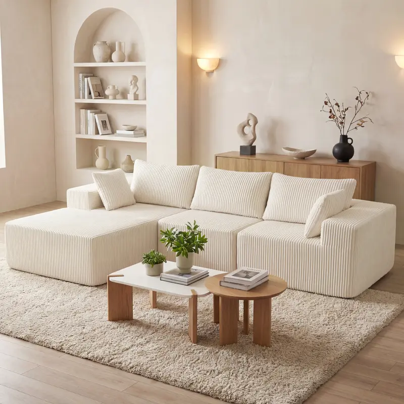 Sweetcrispy Corduroy L-Shape Chaise Modular Sectional Sofa - Modern Comfy Boneless Couch, 108" Family-Sized Deep Seat, 500 lbs Capacity, Washable Cover, Anti-Slip Base, No Assembly, Living Room Decor Furniture, Corduroy Sofa