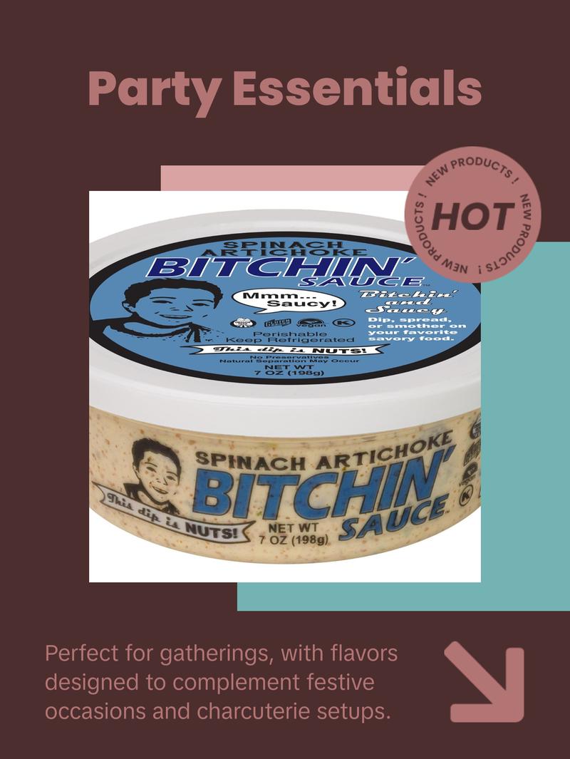 Organic Bitchin' Sauce Sample Pack – Spinach Artichoke, Buffalo, Green Onion, and Roasted Green Chili & Pepita Almond Based Dip and Spread!