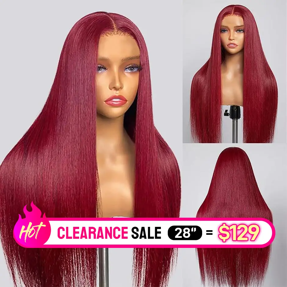 [28''=$129] YAWAWE HAIR 99J Burgundy Red Lace Front Wigs Human Hair Straight 13x6 Transparent Pre Plucked with Baby Hair Reddish Brown Colored Lace Front Hair Wigs Human Hair for Women Hightlight Wig