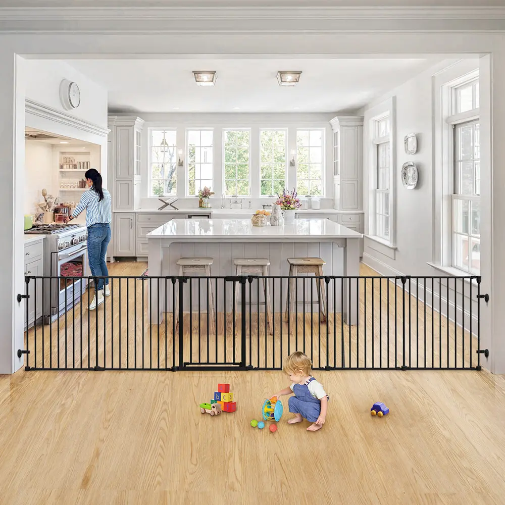 PAWGIANT 150" Extra Wide Baby Gate with Door, Dog Gates for The House Doorways Fireplace, Auto Close Baby Fence Play Area, Walk Through Pet Gate, Hardware Mounted, 6-Panels (30" Tall, Black), Mother's Day Gift