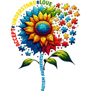 Autism Flower DTF Transfer for T-Shirts - Colorful Puzzle Design with "Accept Understand Love" Message