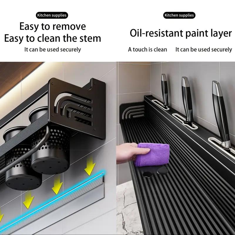 Bepatio Space Saving Wall-Mounted Kitchen Spice Rack – No-Drill Carbon Steel Shelf with Hooks for Utensils, Lids, and Seasoning Jars