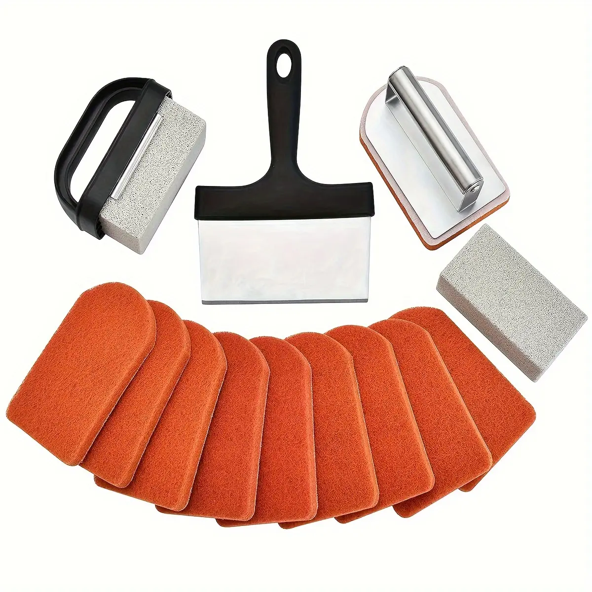 Blackstone Griddle Cleaning Kit, 15-Piece Heavy-Duty BBQ Tools Set with Stainless Steel Handle – Includes Barbecue Cooking Kitchen Utensils, Brush Kit Barbecue Scrapers for Flat Top Maintenance, Scrape Tough Bits