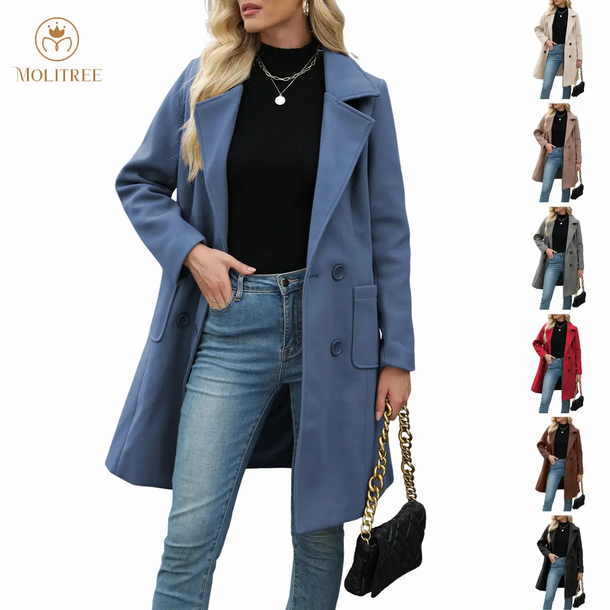 Molitree Women's Winter Wool Blend Camel Mid-Long Coat Notch Double-Breasted Lapel Jacket Outwear Casual Button Closure Elegant Fitted Basic Tops  Womenswear Outerwear Blue Collared Minimalist Long Sleeve