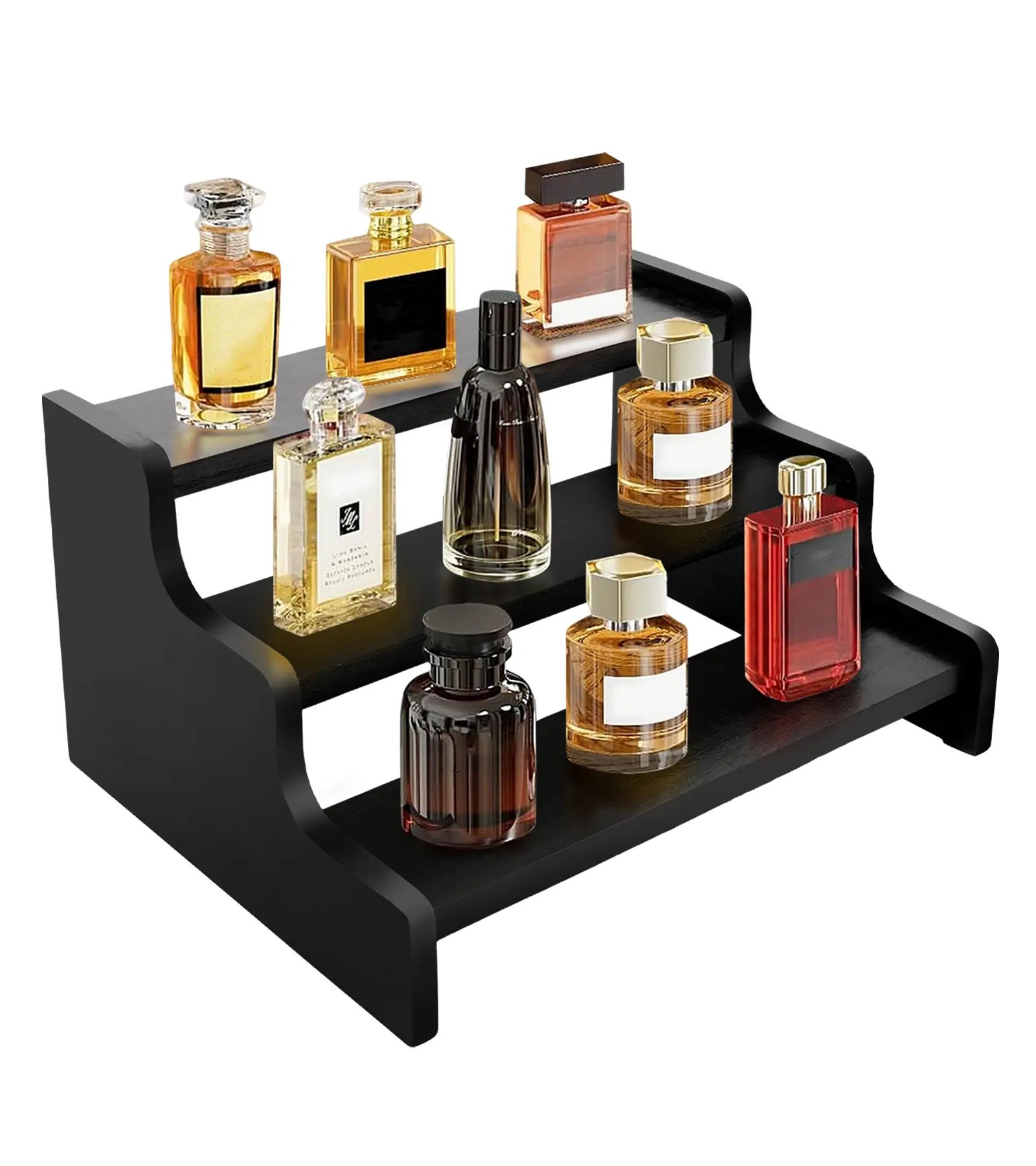 3-Tier Black Wooden Vanity Rack, Collectibles Shelf Rack & Decor Organizer - Versatile Indoor Furniture for Kitchen Spices, House Decor