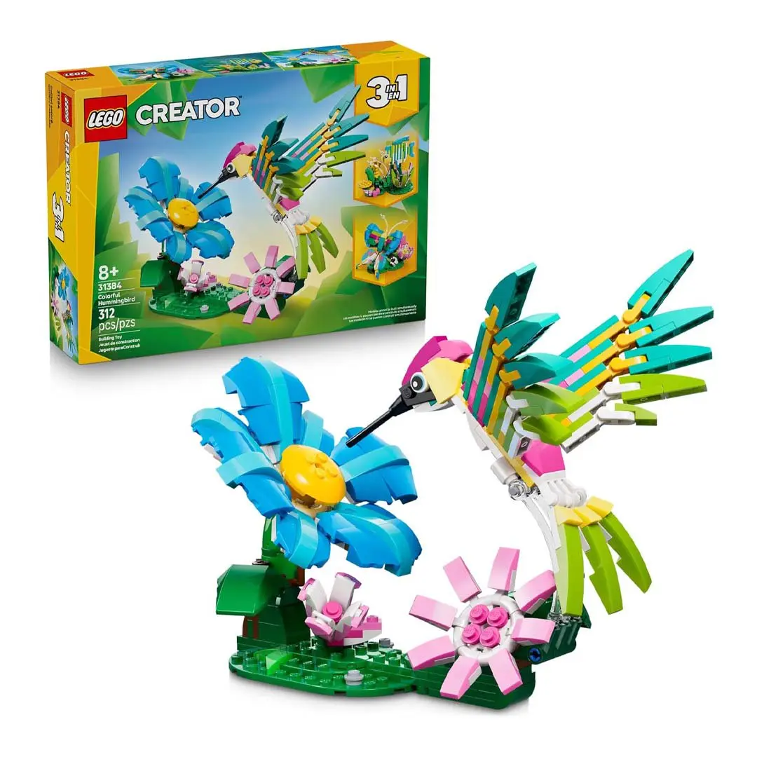 LEGO Creator 3-in-1 Wild Animals Colorful Hummingbird Building Toy (31384) - 312 Pieces, Posable Parts, 6 in. High, 6.5 in. Wide, 7.5 in. Long, Legos Build Set for 8-10 Years, Animals & Nature Themed Birthday Gift