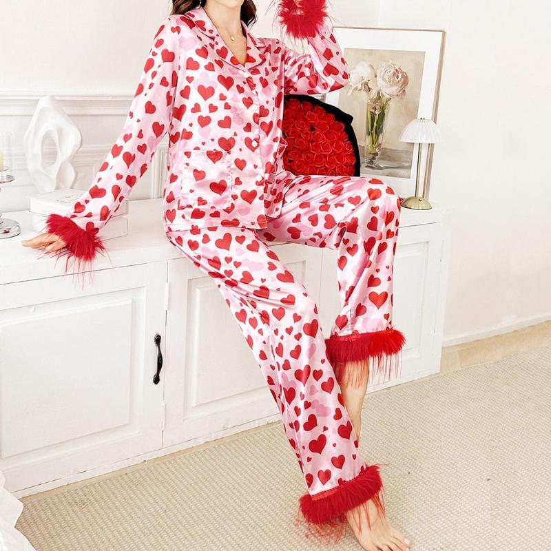 Joviecrown Valentine’s Pajamas Set  Sleepwear for  Matching Homewear Sleepwear  homewear,Pink floral satin pajama set,Romantic & Sweet sets, soft and comfortable daily pajimas, For Her, Best gifts Tree Christmas Family