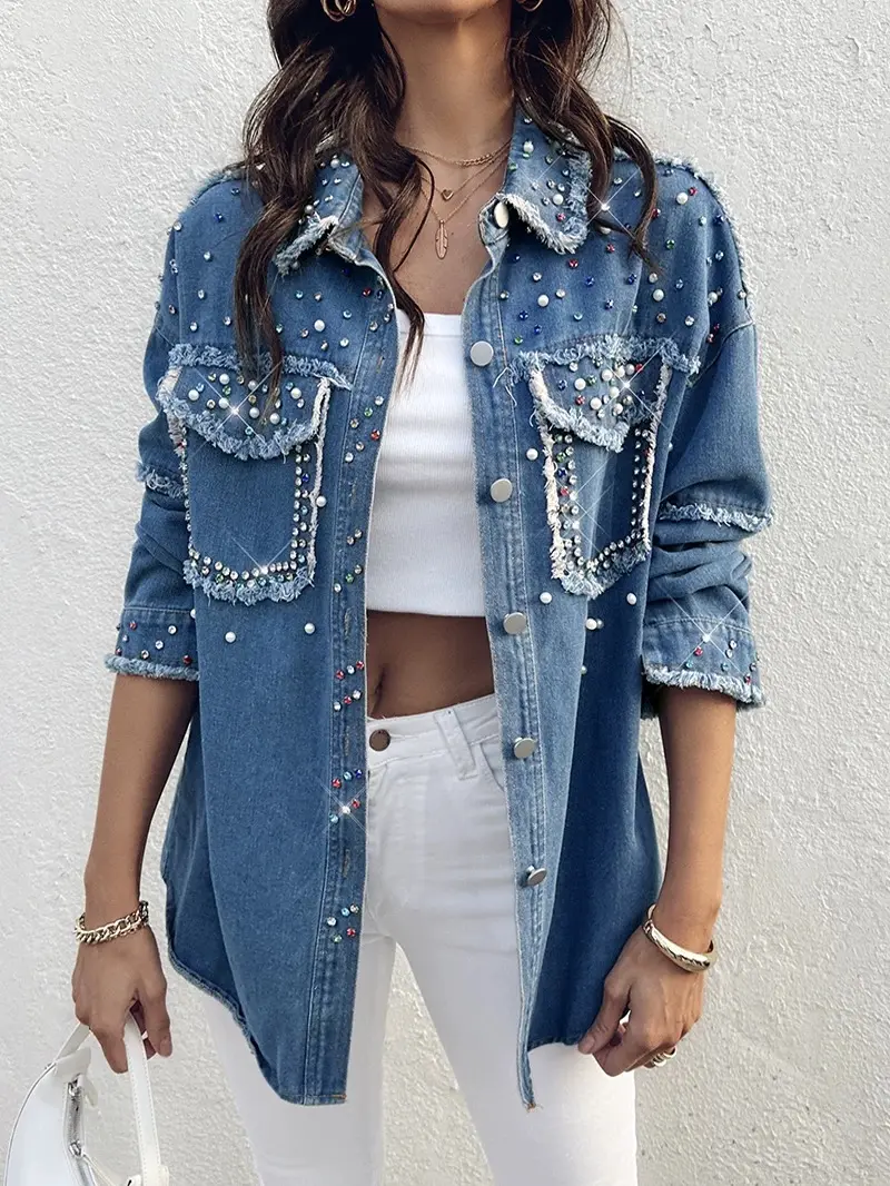 Women's Petite Cotton Casual Denim Jacket - Structured Tops, All Season Outerwear, Basic Sleeve Design, Machine Washable Layering Garment