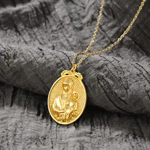 FetteroDainty  Gold Plated Oval Virgin Mary Pendant Necklace, Minimalist Catholic Jewelry
