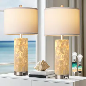 Coastal Table Lamps for Living Room Set of 2, Bedside Lamps with Night Light, USB A+C Ports, 4-Way Rotary Switch, Seashell Nightstand Lamps for Bedroom and Home Office(LED Bulbs Included)