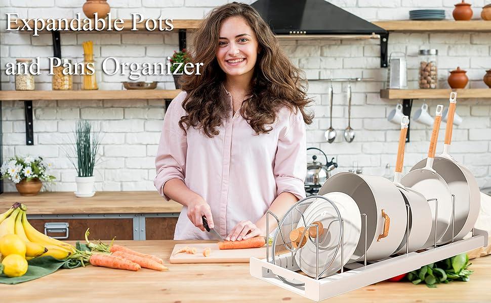 Pots and Pans Organizer Under Cabinet - Pot Lid Holder, Expandable Pan Organizer for Cabinet, Pot Rack with 10 Adjustable Compartments for Kitchen Cabinet, Frying Rack, Lid, Cookware,1 Pcs