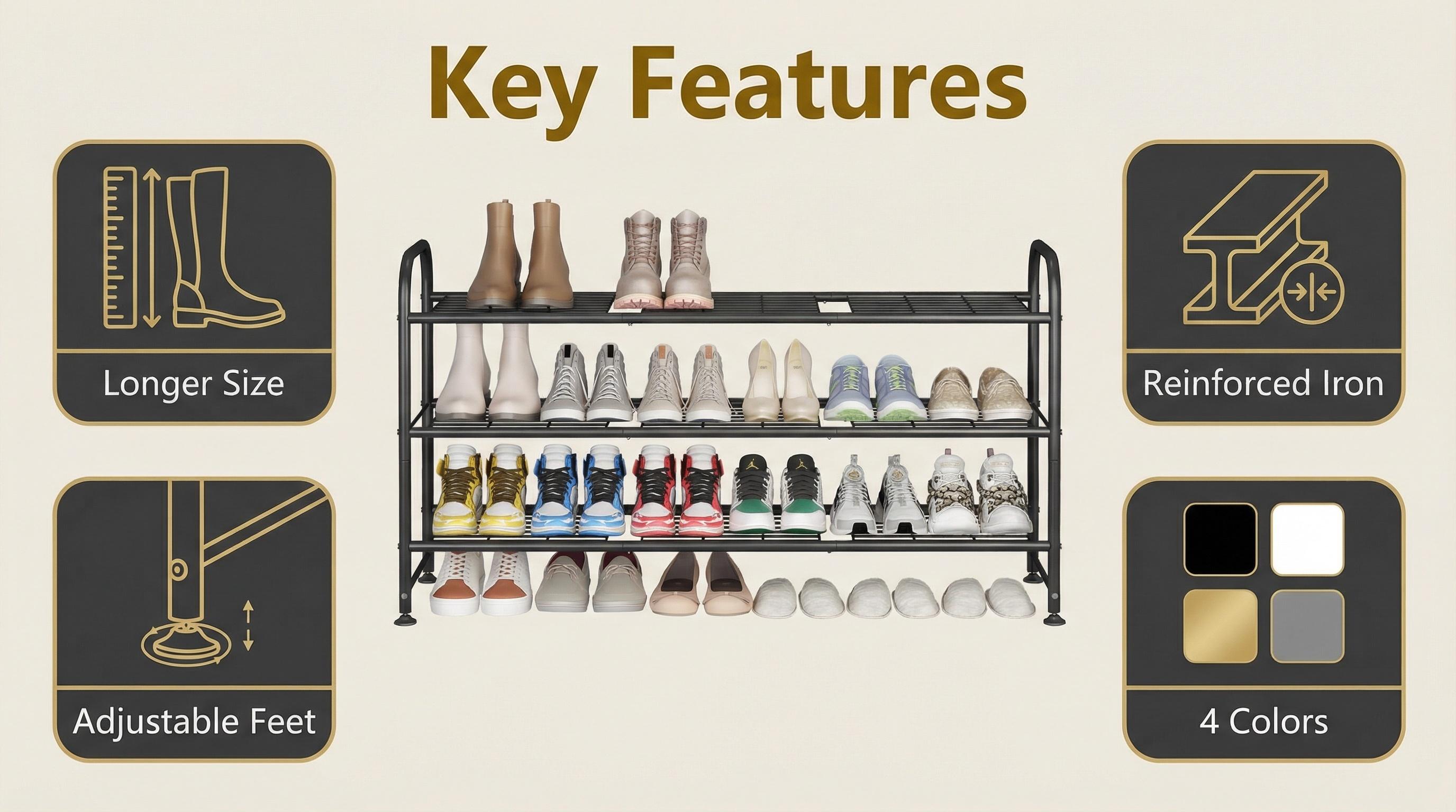 SUOERNUO 2/3/4 Tier Metal Shoe Rack Long Shoes Storage Organizer for Closet Entryway Black Grey Paint Adjustable Room Organizing Large Capacity Multipurpose Shoe Rack Easy to Assemble