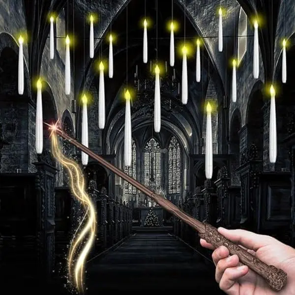 MAMXUAN 24-Pcs Magical Plastic Flameless LED Floating Candles Set - Wand, Remote, Fishing Line, Hook Included, Flickering Light Fairy Lights, Fantasy Warm Aesthetic Indoor Lighting for Halloween, Christmas Decor Gift Box