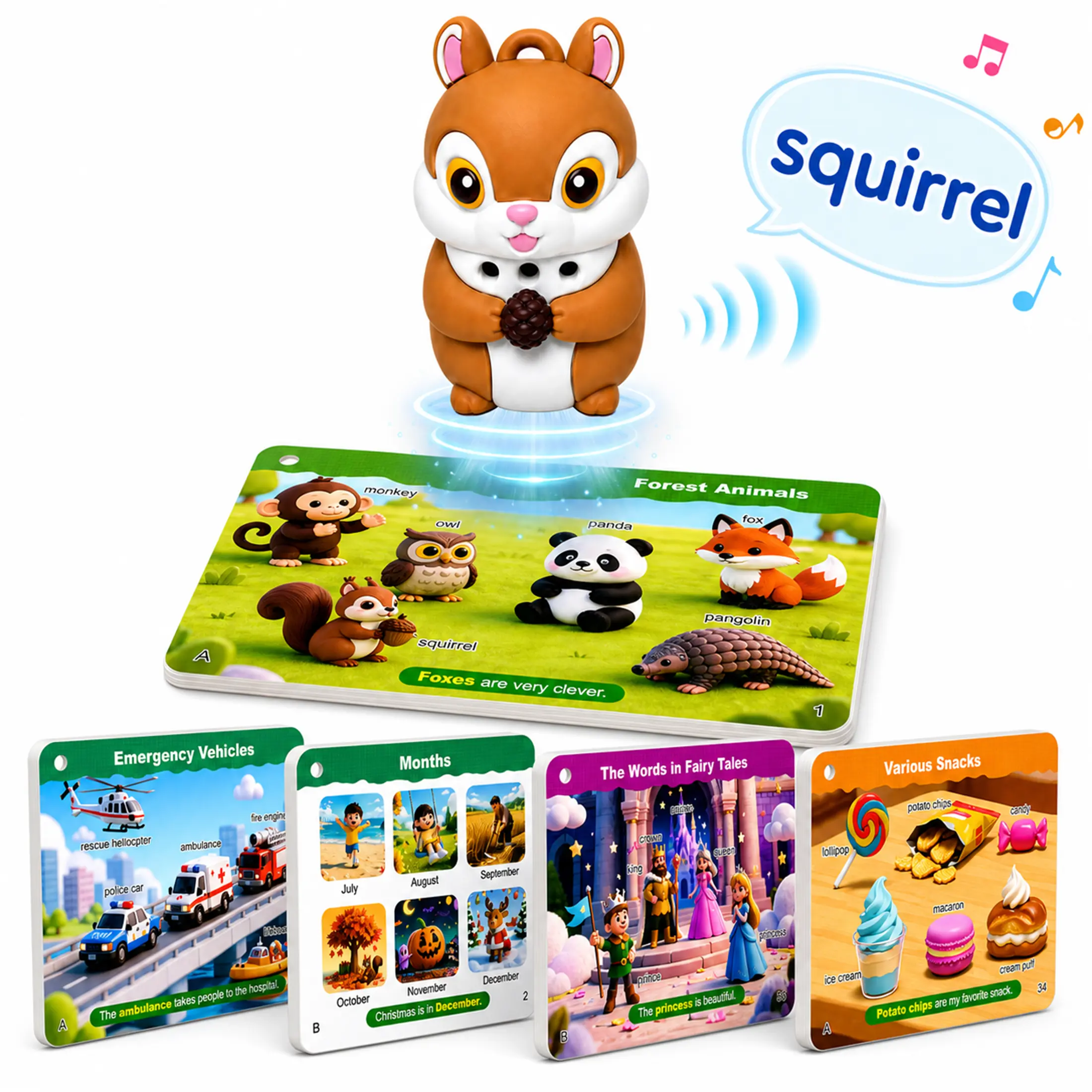 Phonics Flash Cards with Talking Pen 112 Pages 56 3D Flash Cards Ages 4-8 Phonics Learning Toy Reader Squirrel for Homeschool Essentials Interactive Learning Recording Playback USB-C Rechargeable