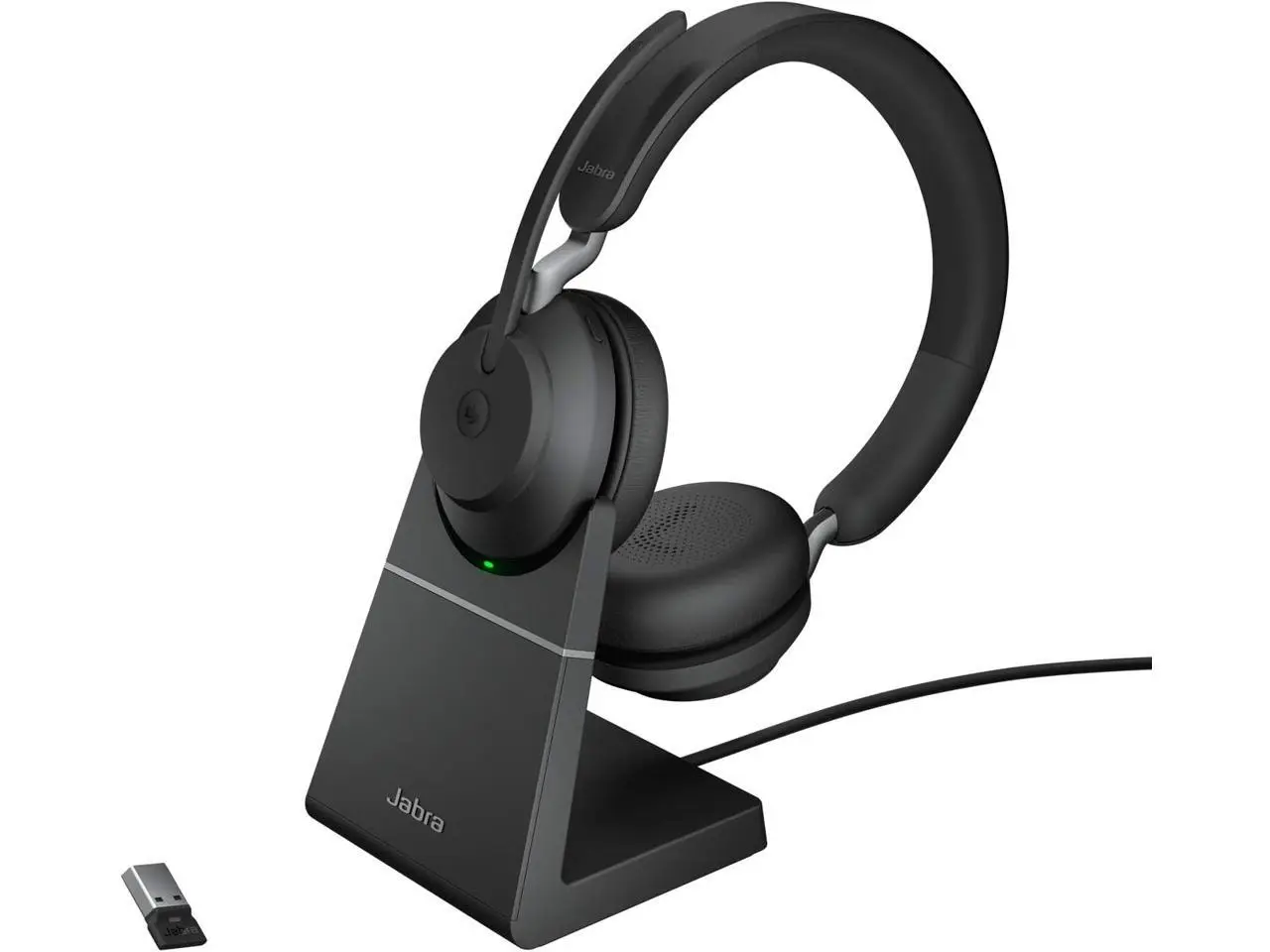 Jabra Evolve2 65 Bluetooth Wireless Headset with Mic for Calls and Music, Dual-Ear Headphones with USB-C Adapter and Charging Stand, Up to 37 Hours Battery, Works with Microsoft Teams, Black