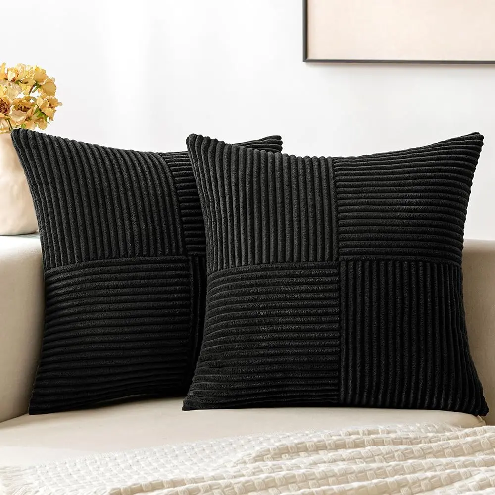 2-Pack 18x18 in Non-Customised Striped Black Crosscorduroy Polyester Throw Pillow Covers, Soft Textured Patchwork, Expert Stitching, Zipper, Antishrink, Durable, Machine Washable, All Seasons for Living Room Couch