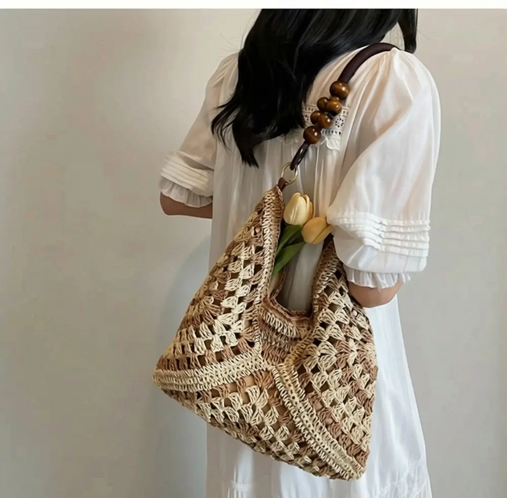 New Fashionable Handmade Woven Bag Versatile Paper RopeCrochet Straw Beach Shoulder Bag for Vacations and SummerOutings