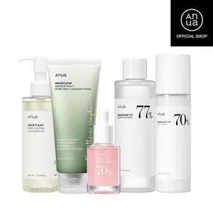 Korean Glass Skin Set (ANUA-Oil Cleanser + Deep Cleansing foam + Heartleaf Toner + Pink Serum + Calming Moisturizer)|Niacinamide serum, dark spot care, hyperpigmentation, hydrating