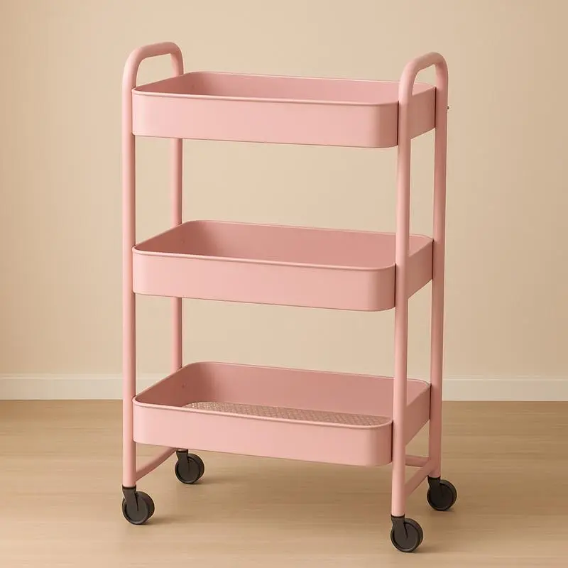 3-Tier Rolling Cart with 6 Hooks – Metal Utility Storage Cart on Wheels with Handle, Organizer for Classroom, Office, Dorm & Home, Pink & White, Steel Racks bathroom organizer shoe rack organizer