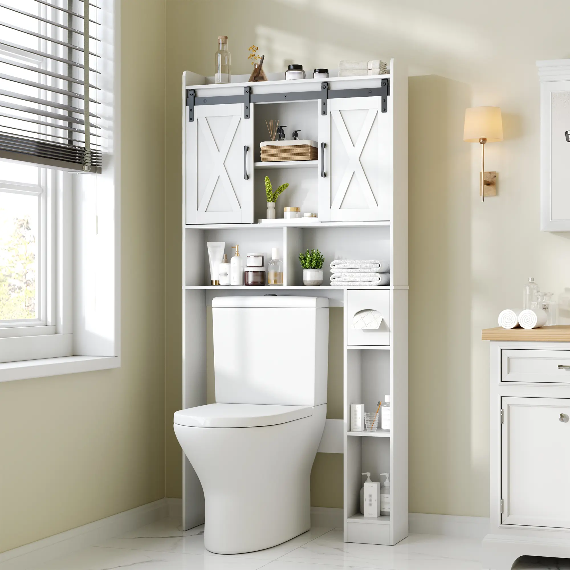 [tiktokshopbacktoschool] Vabches Engineered Wood Over-The-Toilet Storage Cabinet - Sliding Barns Doors, Neutral Grain Rectangular Form, Farmhouse Bathroom Space Saver for Bathroom Organization, Small Laundry Room,dorm essentials,home decor